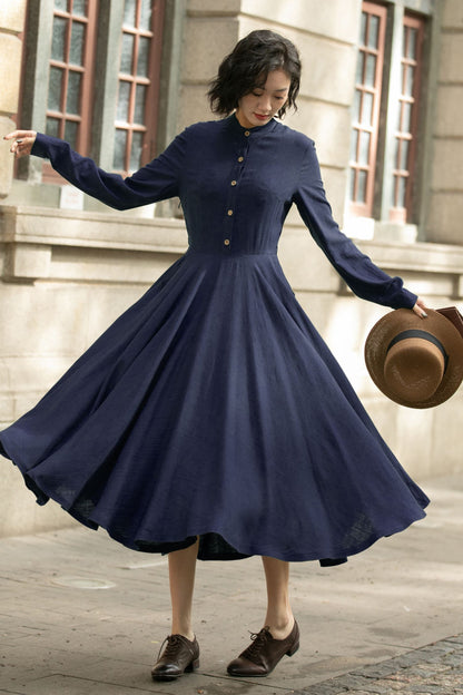 Navy Linen Midi Dress – Handmade Vintage A-Line Long Sleeve Button Dress 6671