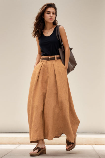 Handmade Linen Maxi Skirt – Camel High Waist A-Line Skirt with Pockets | Xiaolizi 5121