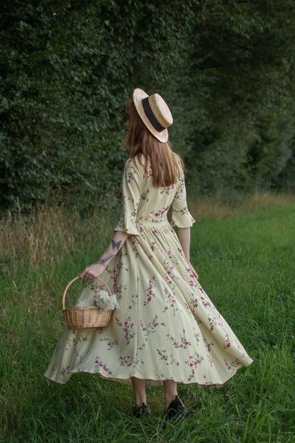 Beige Linen Maxi Dress - Vintage Floral Fit and Flared 3053