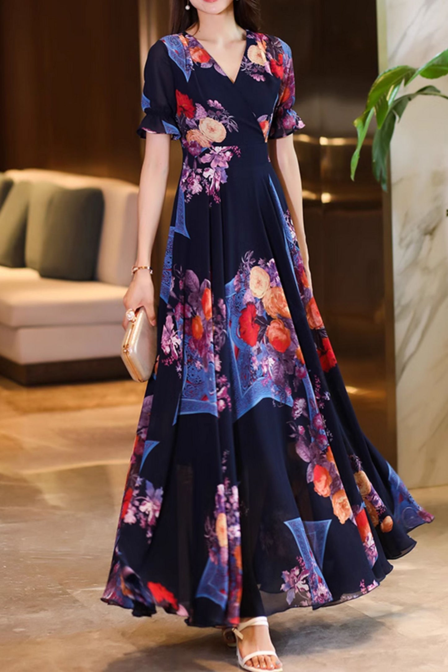 Floral printed prom maxi chiffon dresses 4996