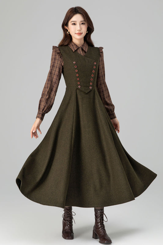 Army Green Wool Pinafore Dress – Vintage Sleeveless Long Winter Dress with Pockets 6394