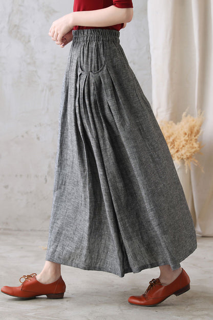 Grey Linen Cotton Maxi Skirt – Pleated Flare Skirt with Elastic Waist 2772