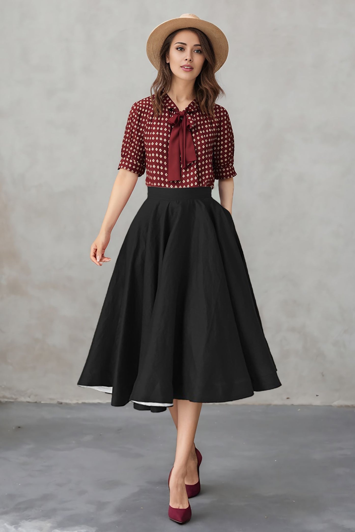 Black Linen Midi Skirt - High Waist A-Line | Xiaolizi 6753