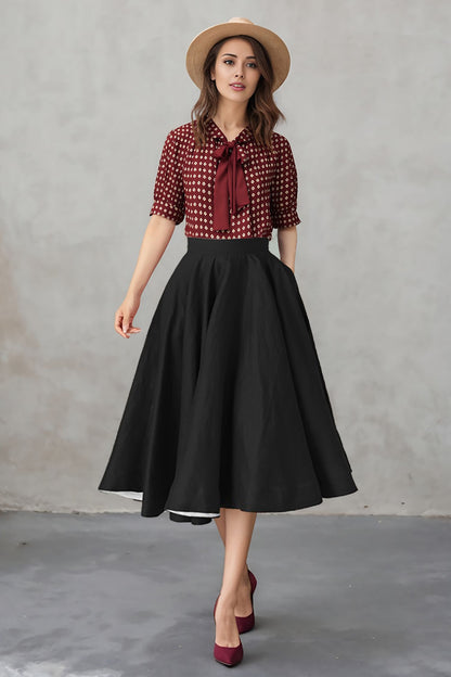 Black Linen Midi Skirt - High Waist A-Line | Xiaolizi 6753