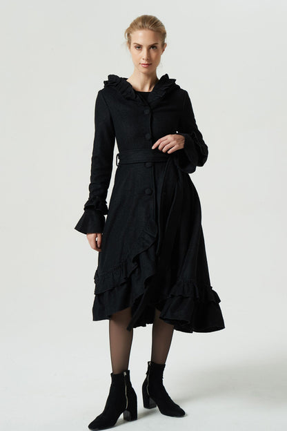 Black Wool Blend Long Coat - Ruffle Hood Belt Dipped Hem | Xiaolizi 1970