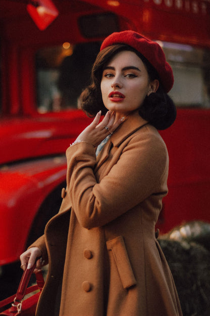 Camel Wool Double Breasted Coat - Fit and Flare Vintage Silhouette 2494
