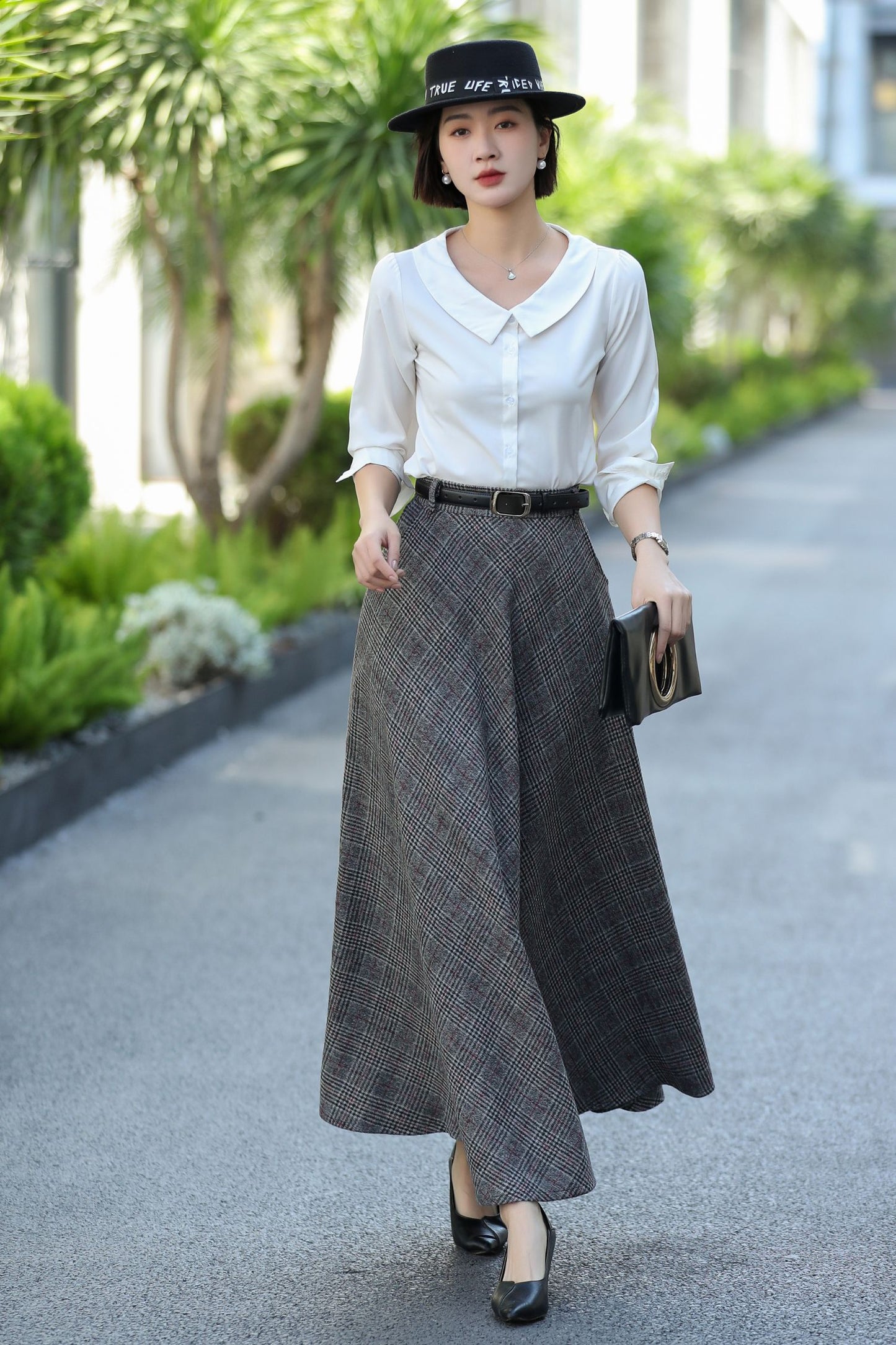 Gray Plaid Wool Maxi Skirt – Vintage High Waist Winter Skirt with Pockets 3106
