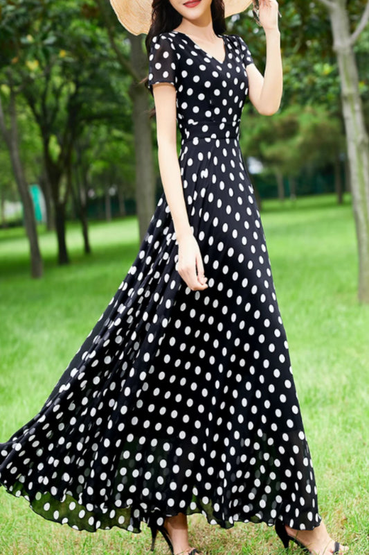 Black and white maxi polka dot chiffon dress 5156