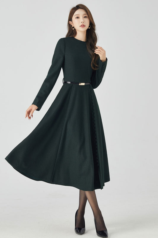 Dark Green Winter Long Wool Dress 4522
