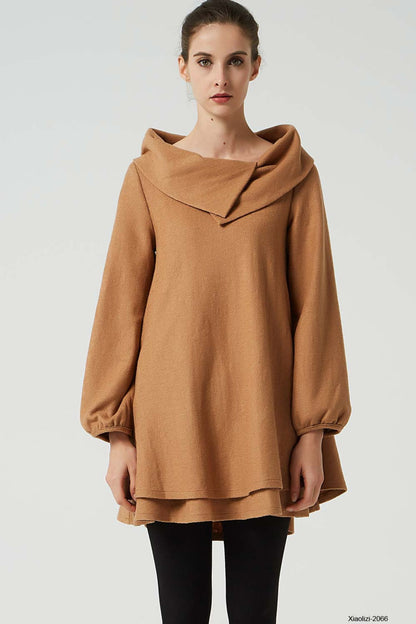 Vintage Wool Tunic Dress – Camel Brown with Asymmetrical Collar – 2066