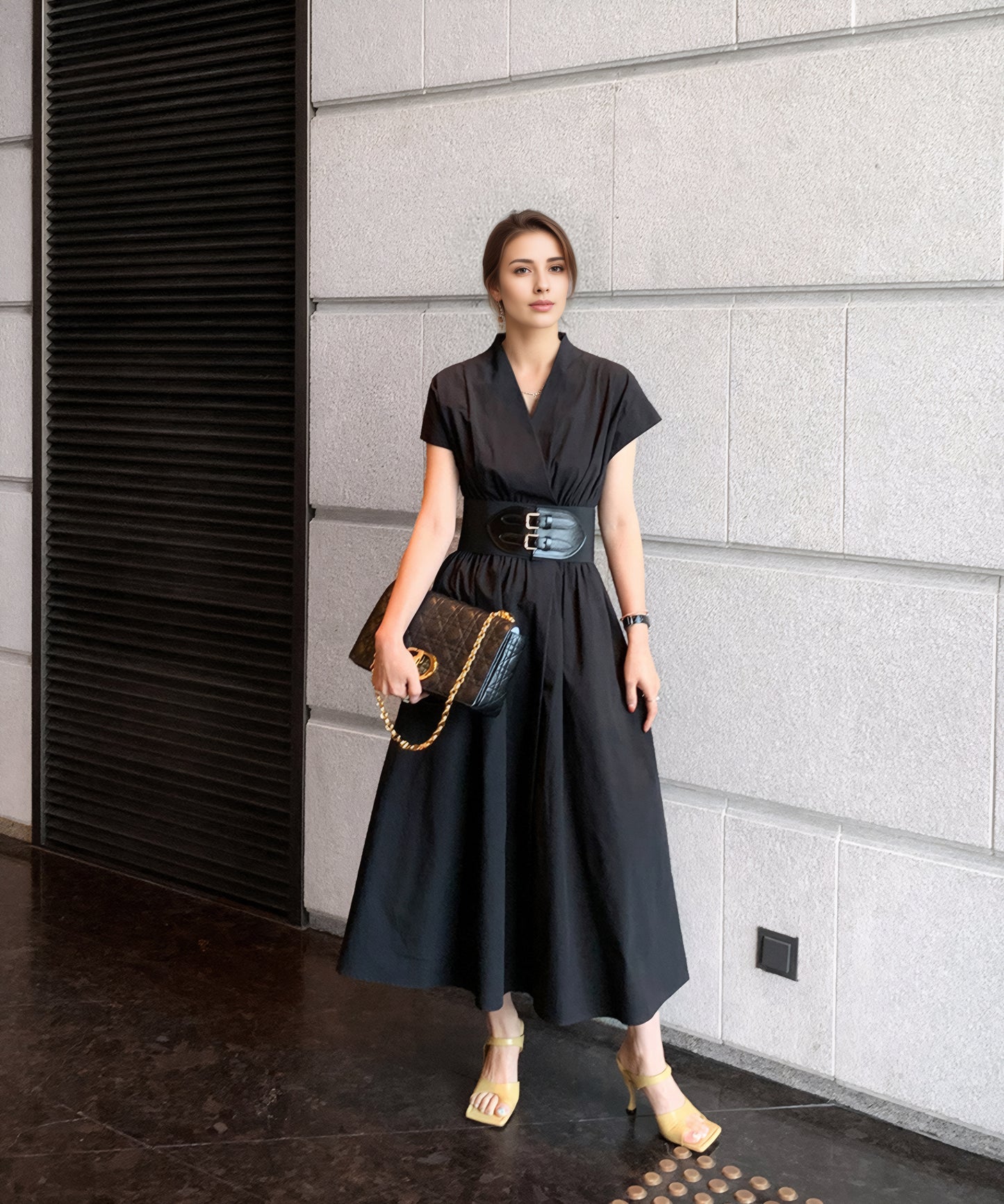 Black Linen Wrap Dress – Short Sleeve Midi Dress with Belt & Pockets 6674