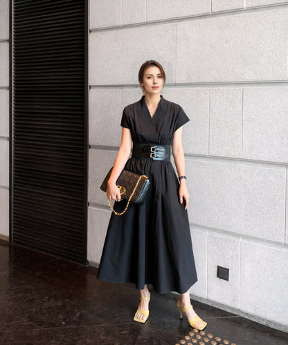 Black Linen Wrap Dress – Short Sleeve Midi Dress with Belt & Pockets 6674
