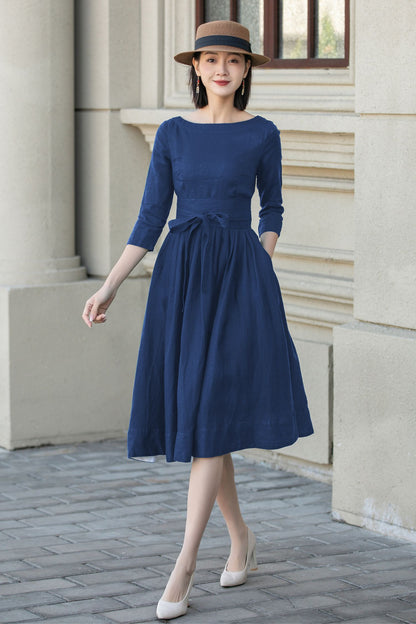 Blue Linen Midi Dress - A-Line Silhouette with Back Button Detail 5747