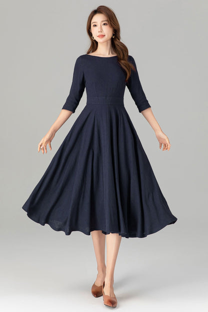 Navy Linen Midi Dress with Boat Neck – Vintage Fit & Flare French Style Dress