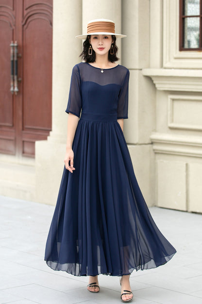 Fit and Flare Dark Blue Chiffon dress 5143