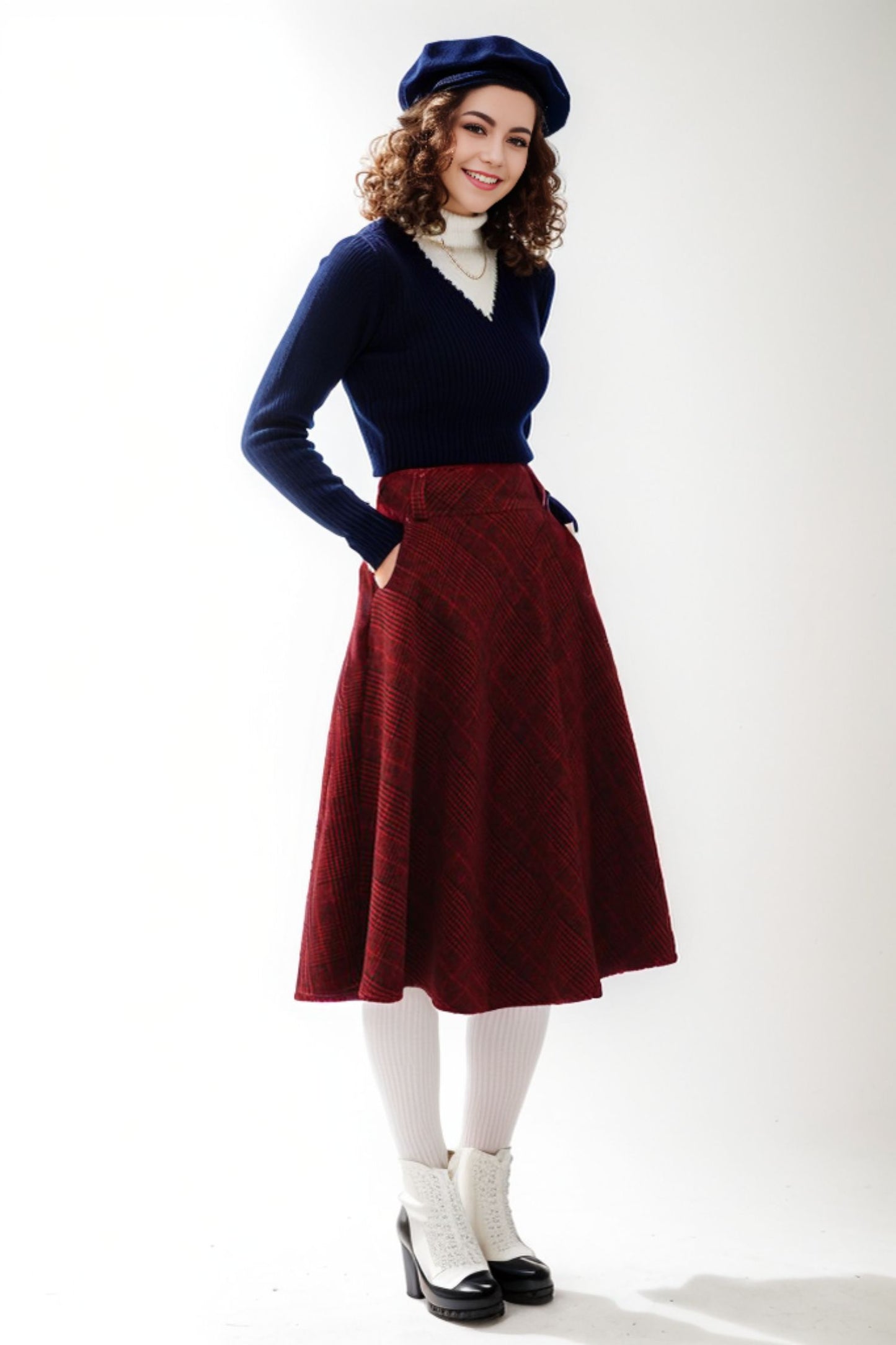 Red a line plaid winter wool skirt 5185