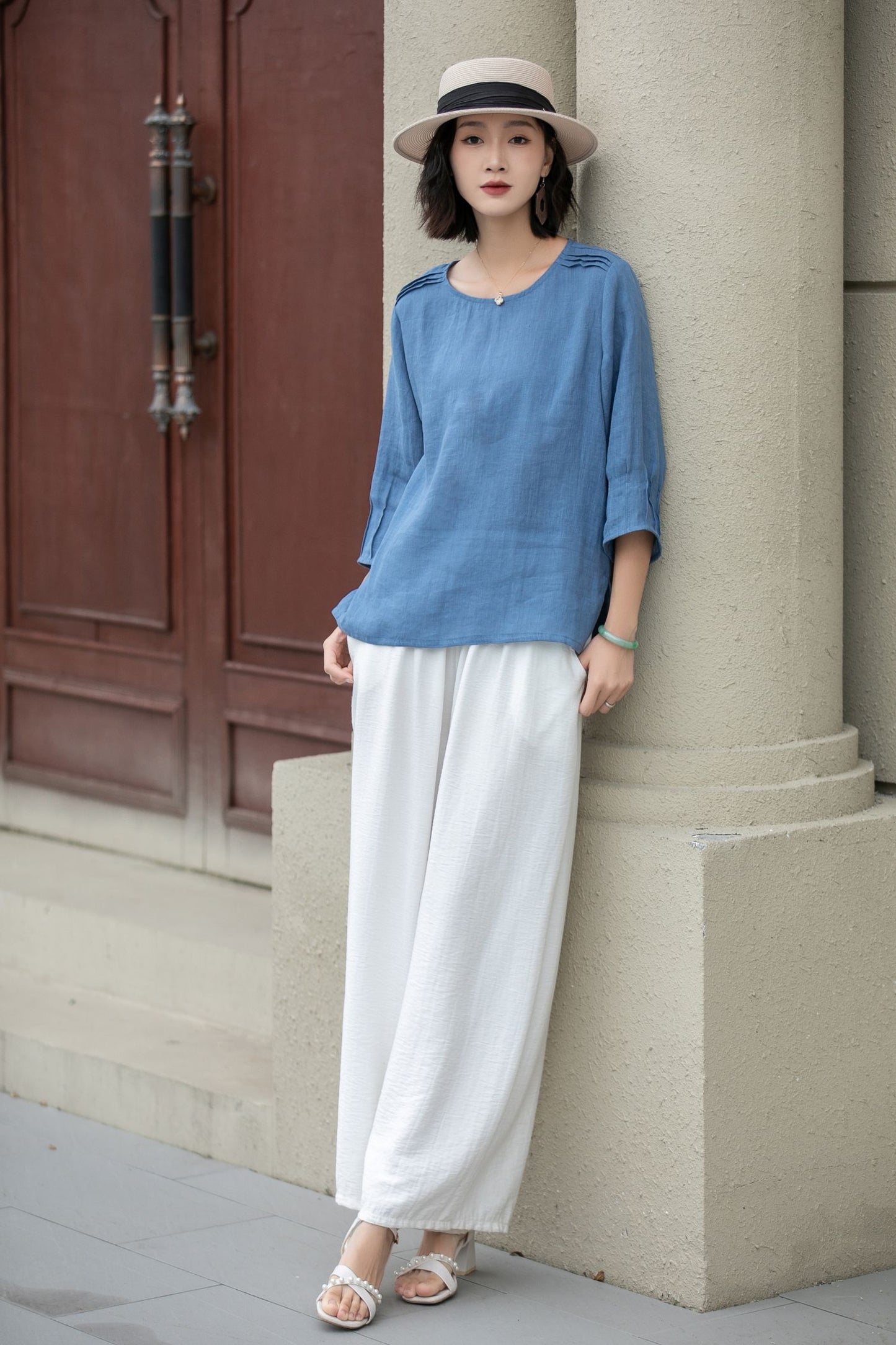 Blue summer linen top blouse 5221