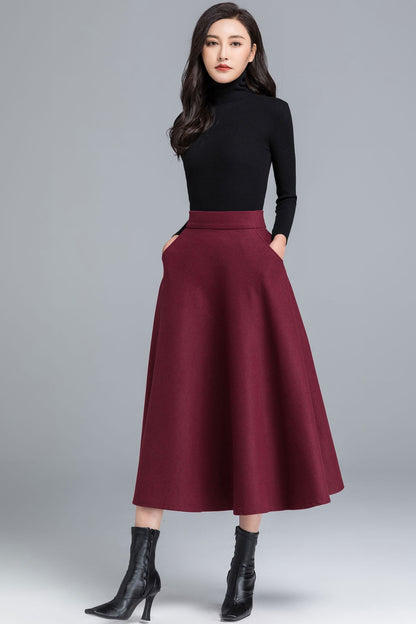 Burgundy Wool Midi Skirt – Vintage A-Line Winter Skirt with Pockets 2490