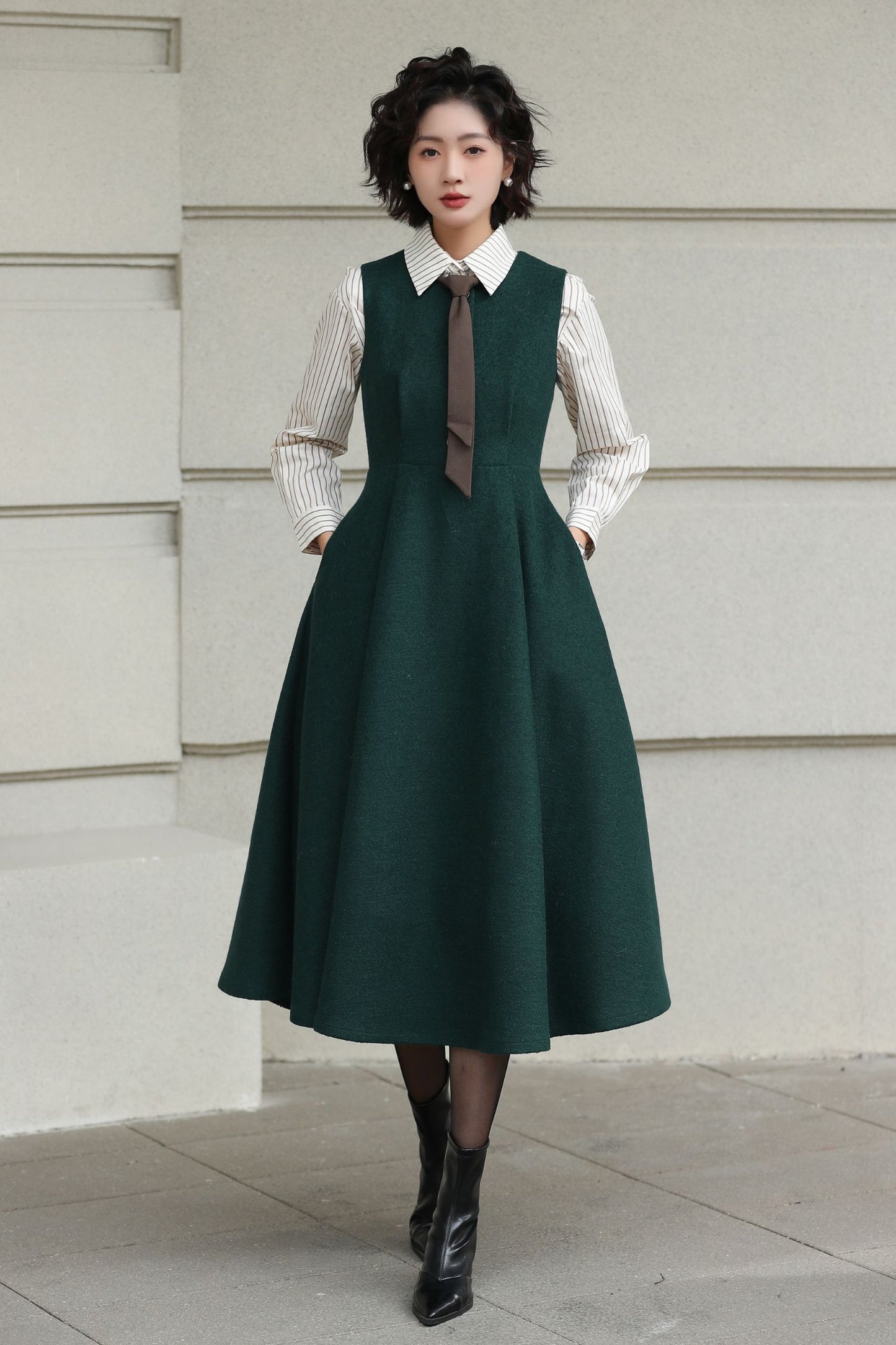 Handmade Vintage Wool Dress – Green Sleeveless A-Line Midi Winter Dress 6615