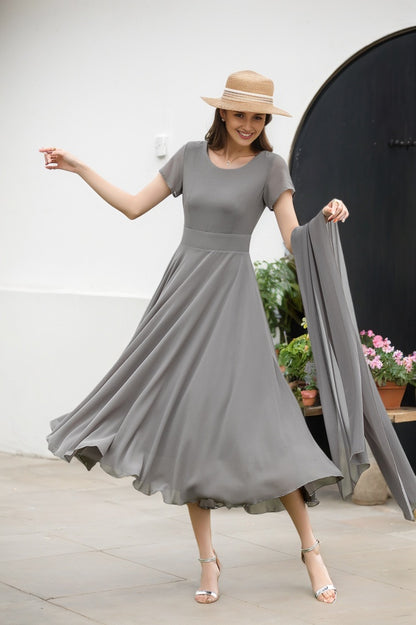 Grey Chiffon Maxi Dress - Vintage Swing with Fitted Waistband 2720