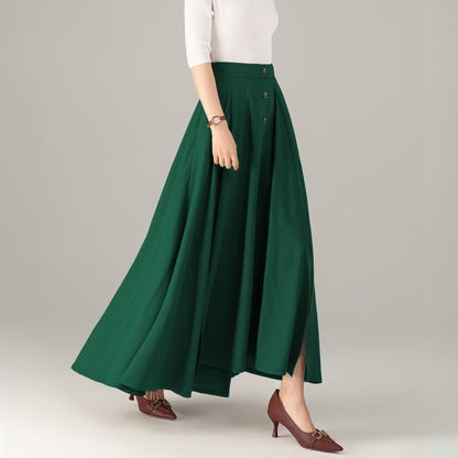 Green Linen Cotton Maxi Skirt - High-Waisted with Side Slit 5719