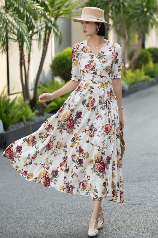 Floral Linen Cotton Wrap Midi Dress – Vintage V-Neck Summer Dress 6667