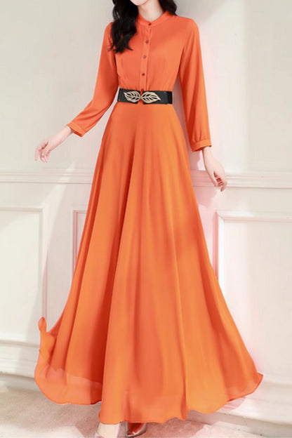 Orange Chiffon Maxi Dress | Long Sleeve, Belted & Lined - Xiaolizi Orange / L Orange Chiffon Maxi Dress | Long Sleeve, Belted & Lined - Xiaolizi Orange / L