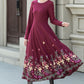 Embroidered burgundy fit and flare wool dress 5307