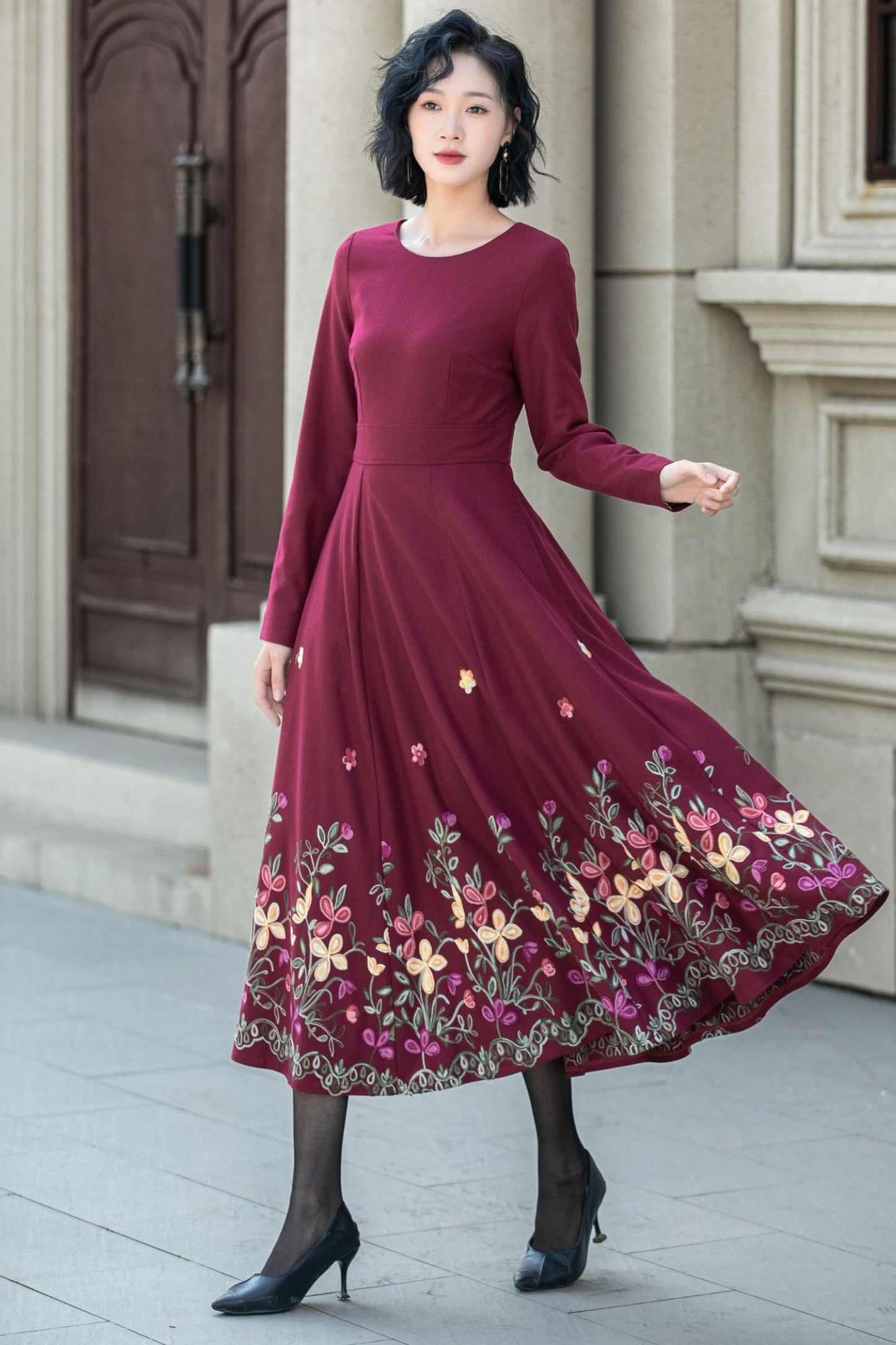 Embroidered burgundy fit and flare wool dress 5307