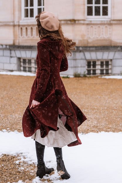 Burgundy Hooded Wool Coat – Romantic Fit & Flare Winter Midi | Xiaolizi 3424