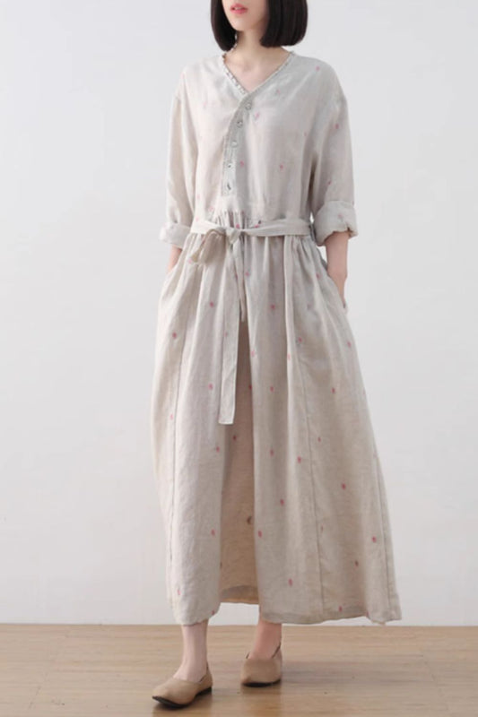 Romantic floral beige linen dress for women 4830