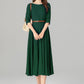 Handmade Green Linen Cotton Midi Dress – Classic Fit & Flare with Pockets 5580