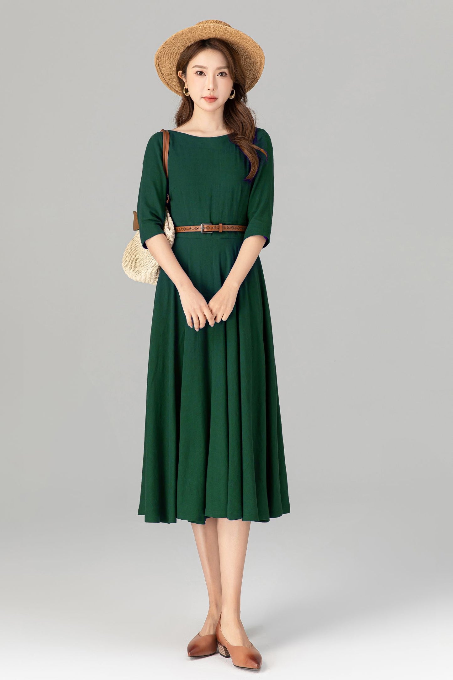 Handmade Green Linen Cotton Midi Dress – Classic Fit & Flare with Pockets 5580