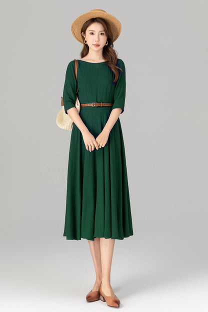 Emerald Green Linen Midi Dress – Handmade Fit & Flare Work Dress with Pockets | Xiaolizi 5580