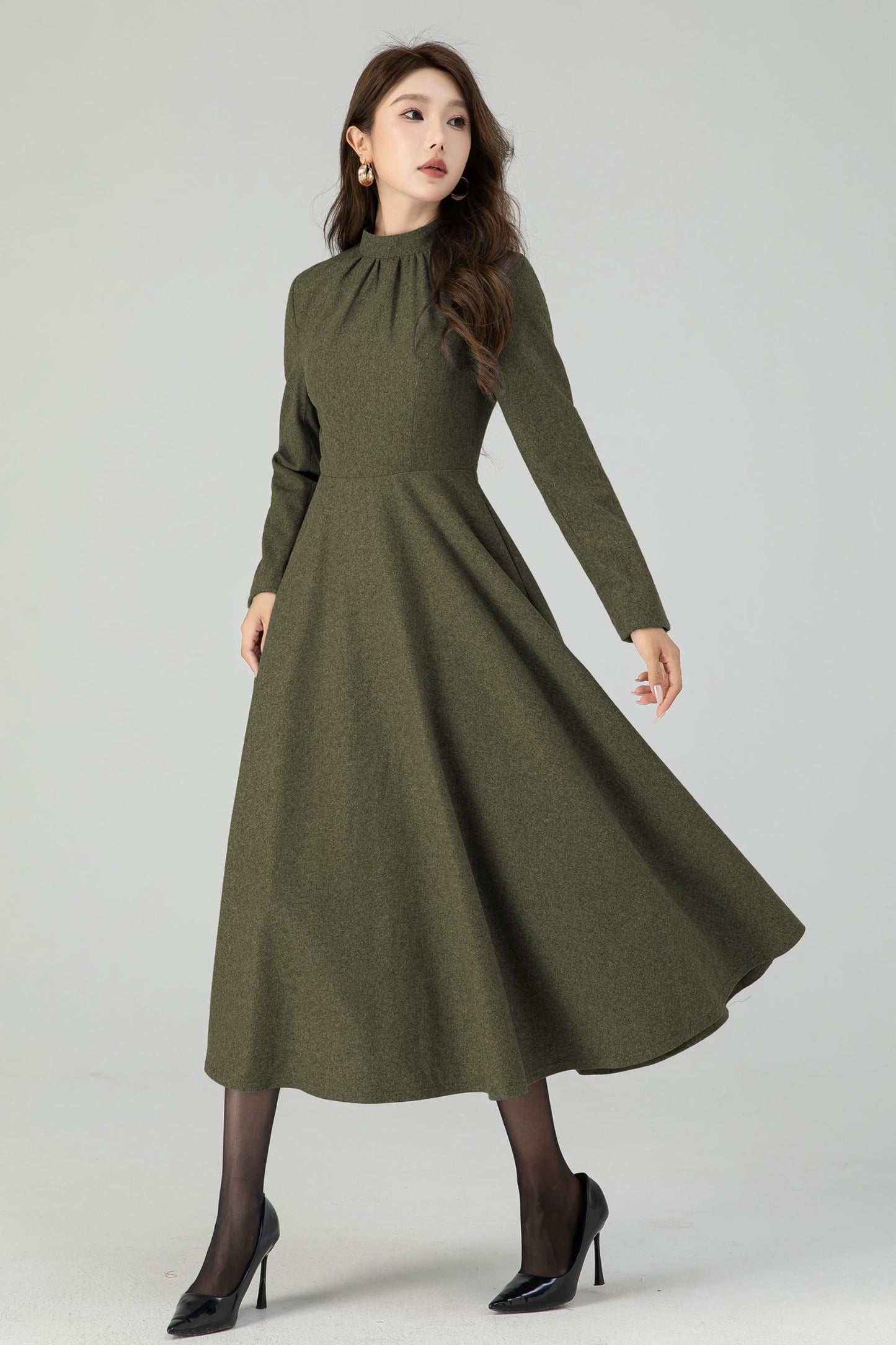 Retro army green swing wool dress 5441