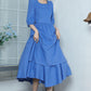 Spring women's Blue Linen Cottagecore Dress 3362