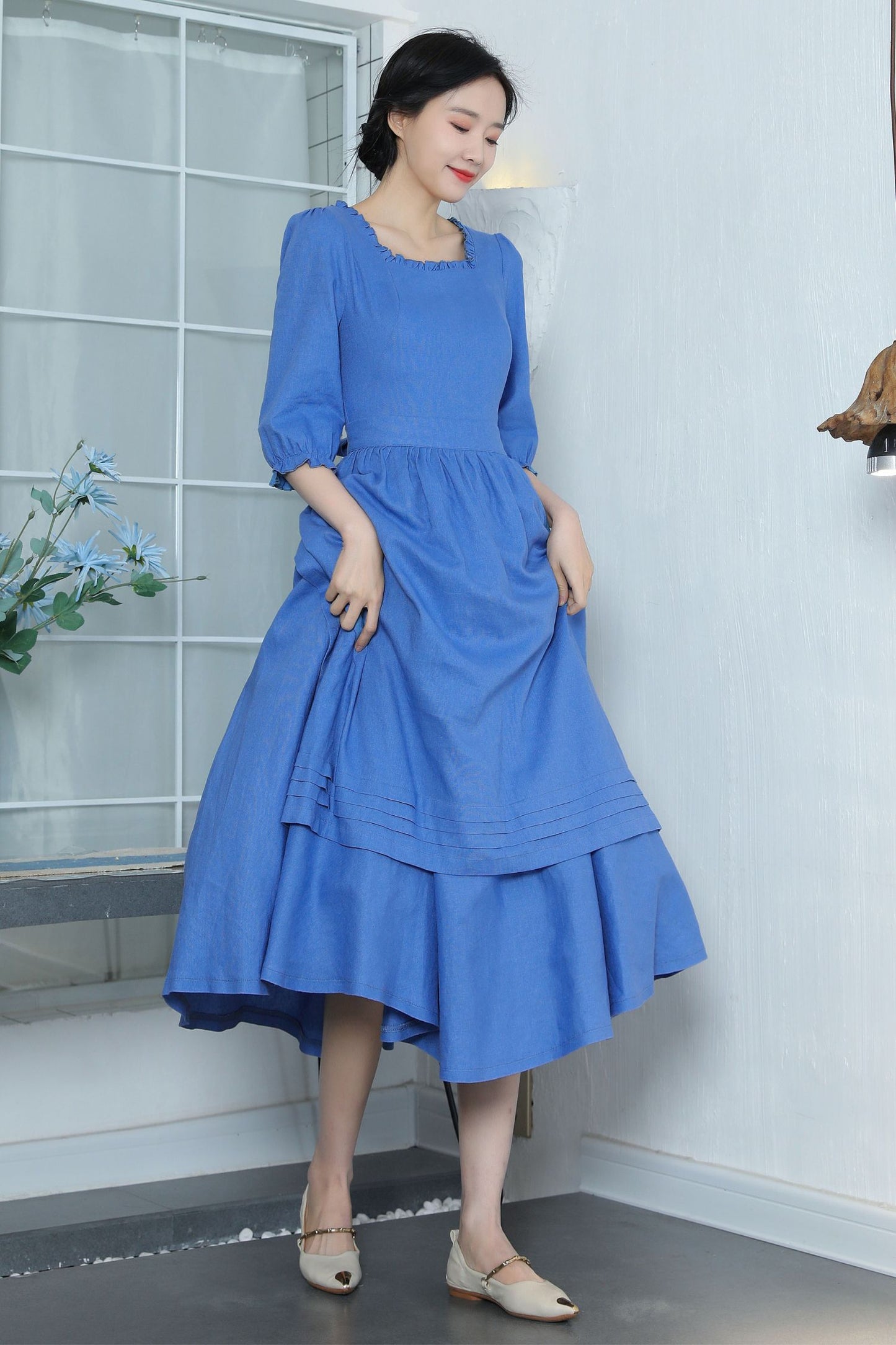 Spring women's Blue Linen Cottagecore Dress 3362