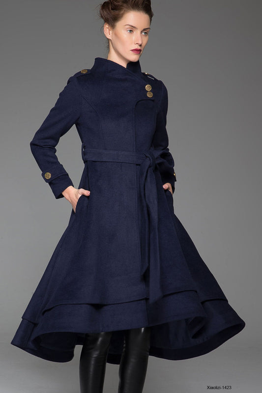 Feminine Wool Coat Navy Blue – Asymmetrical Hem & Stand Collar – 1423