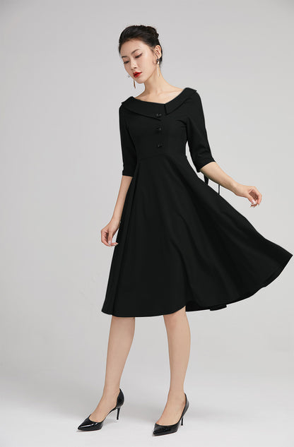 Xiaolizi Black Swing Dress – Vintage Lapel Collar Knee Length Cocktail Dress 6348