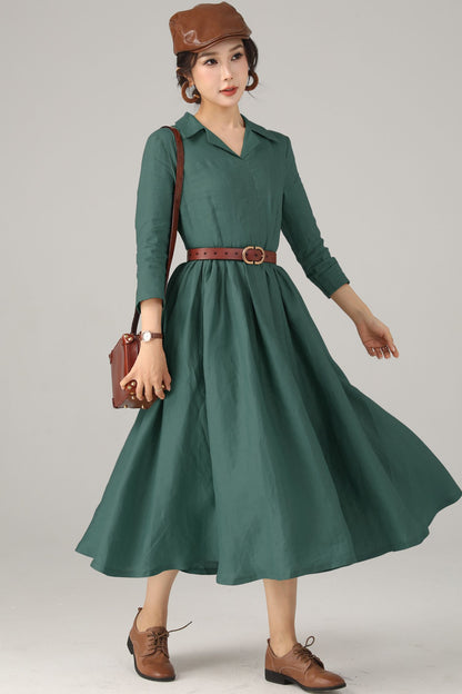 Green Linen Midi Shirt Dress - Fit and Flare Silhouette 5720