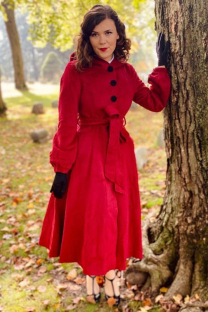 Red Wool Blend Hooded Coat - Fit-and-Flare with Tie Belt Waist 3225