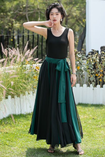 Black and Emerald Green Chiffon Maxi Skirt | Xiaolizi 6741