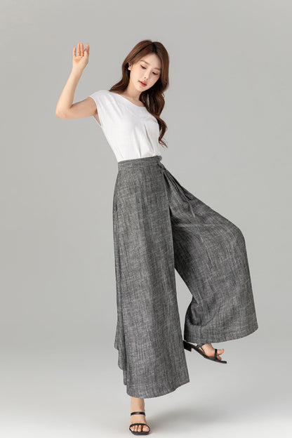 Gray Linen Cotton Wide Leg Wrap Pants - Asymmetrical Ankle | Xiaolizi 4938