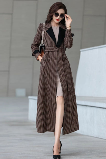Plaid Wool Blend Long Coat - Lapel Lined | Xiaolizi 5296