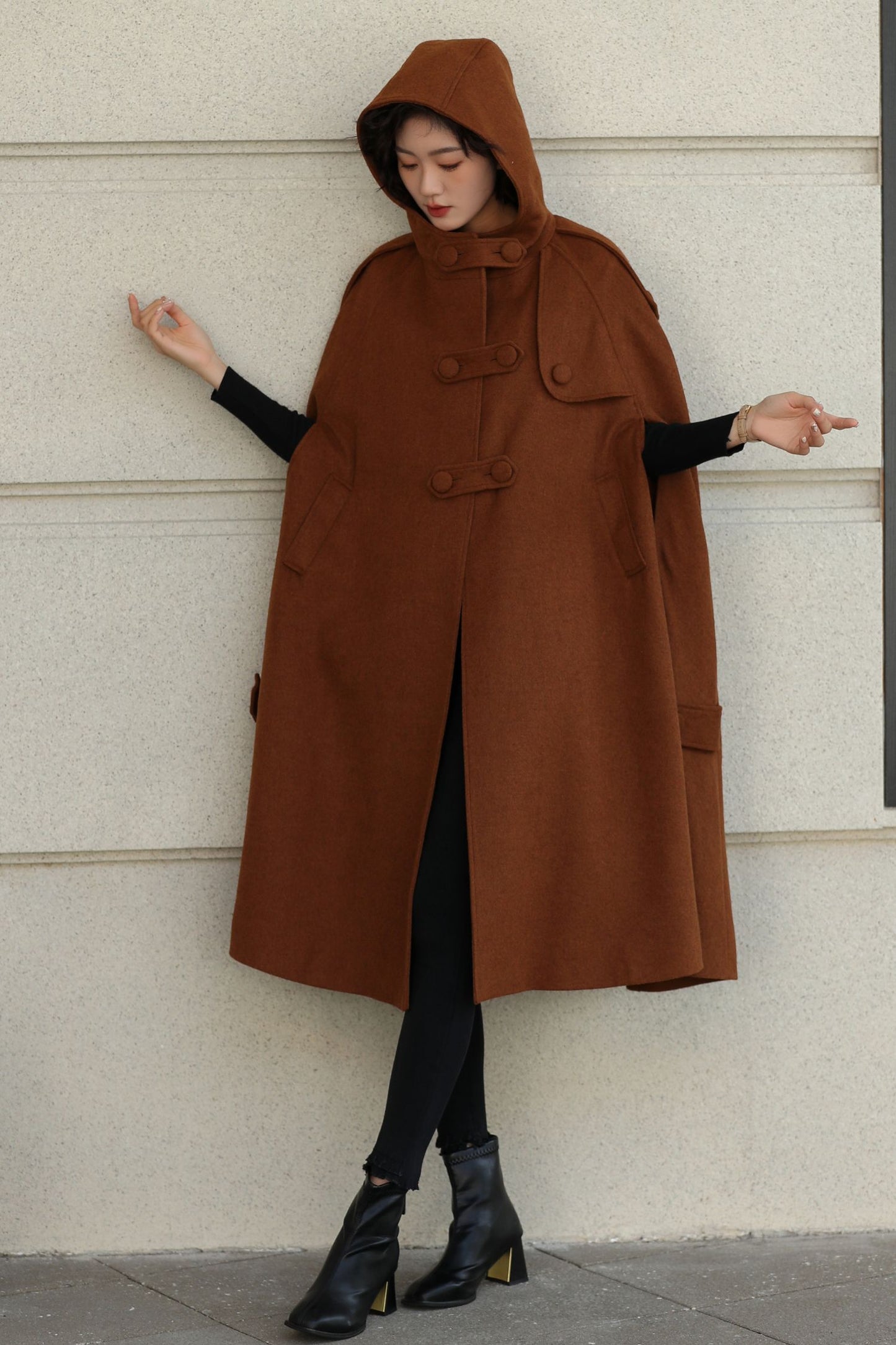 Handmade Wool Hooded Cape – Vintage Winter Cloak Coat with Pockets 6527