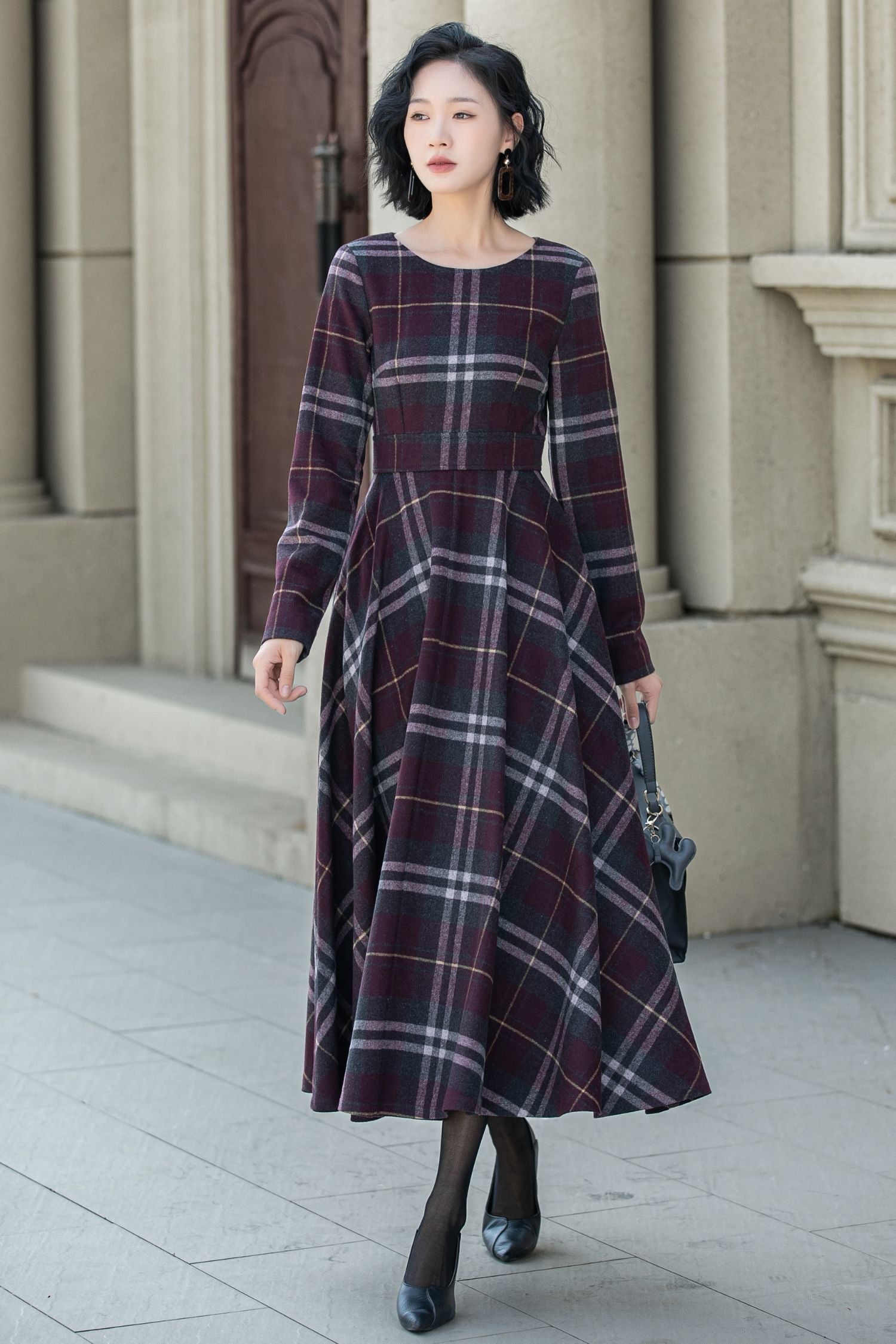 Wine Red Plaid Wool Midi Dress Handmade Long Sleeve | Xiaolizi 5308 Plaid / L Wine Red Plaid Wool Midi Dress Handmade Long Sleeve | Xiaolizi 5308 Plaid / L