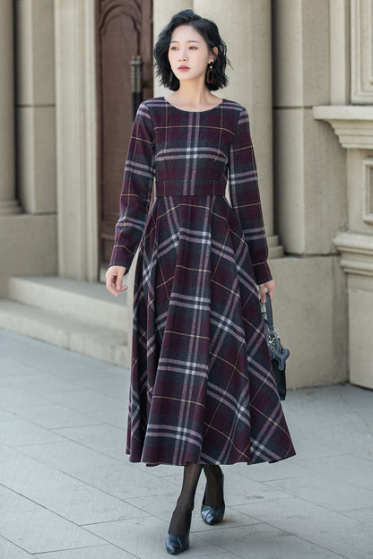 Women’s Wine Red Plaid Wool Midi Dress – Handmade Retro Fit and Flare | Xiaolizi 5308