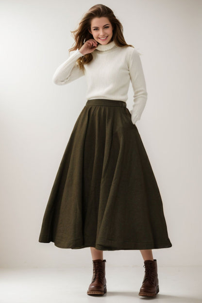 Army Green Wool Midi Skirt - Fit and Flare with Pockets 5186
