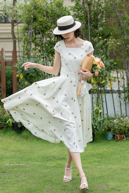 White Linen Fit and Flare Dress - Embroidered, Square Neckline 5203