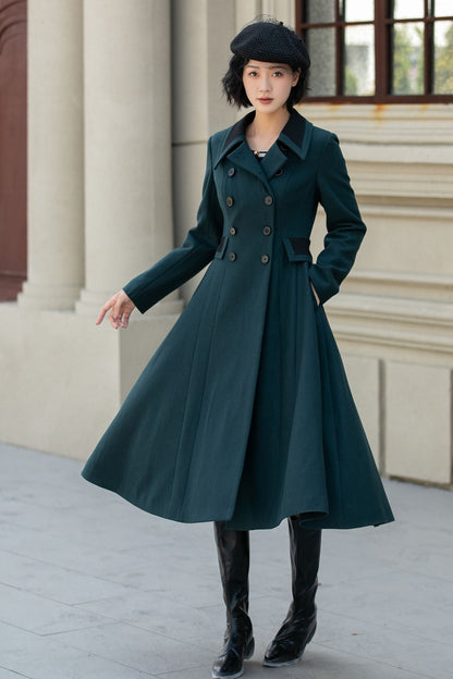 Dark Green Wool Fit and Flare Coat - Double Breasted, Fitted Waist 5462
